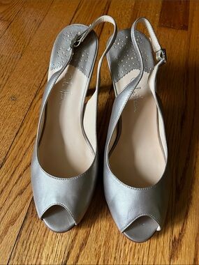 Cole Haan Pewter Peep-Toe Slingback Heels